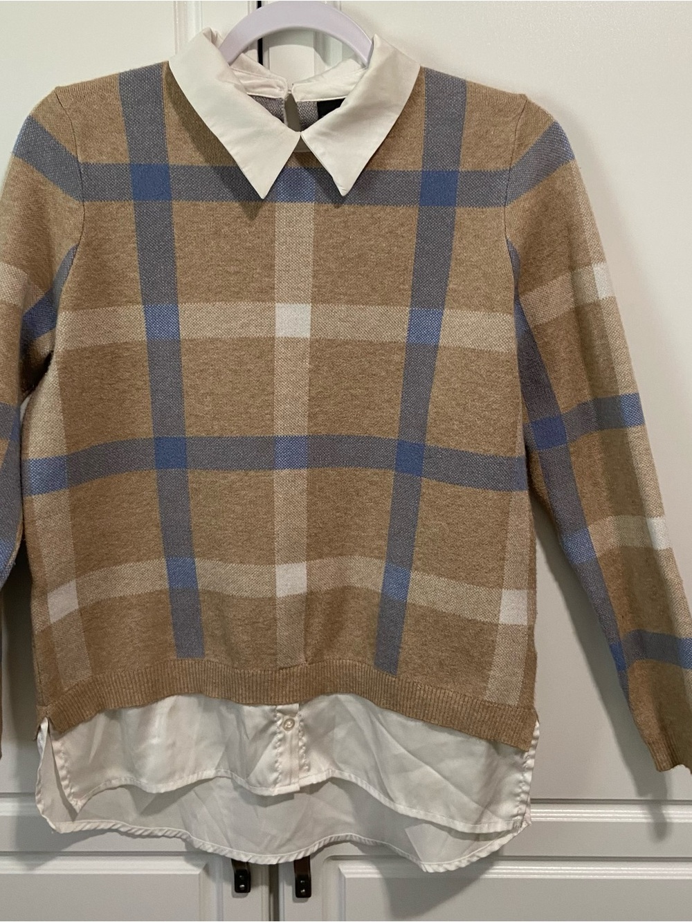 Tahari Plaid Sweater Blouse Layered Look Collared Preppy Academia
